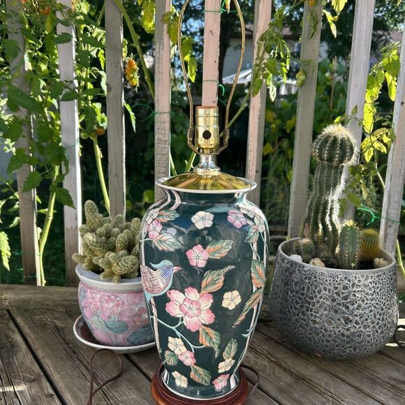Vintage Chinoiserie Asian Lamp Blue Green Pink Bird Floral 25” Tall - Picture 11 of 16